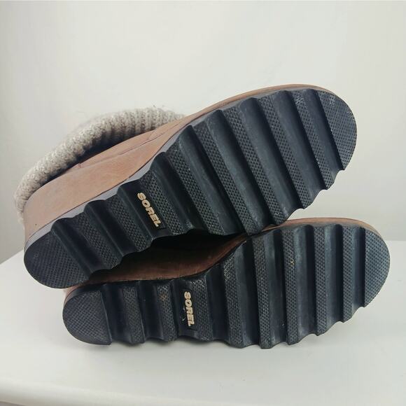 Sorel Women's SZ 11 Brown Gray Leather Crazy Cable Knit Sweater Wedge Boots Rare - Picture 8 of 9